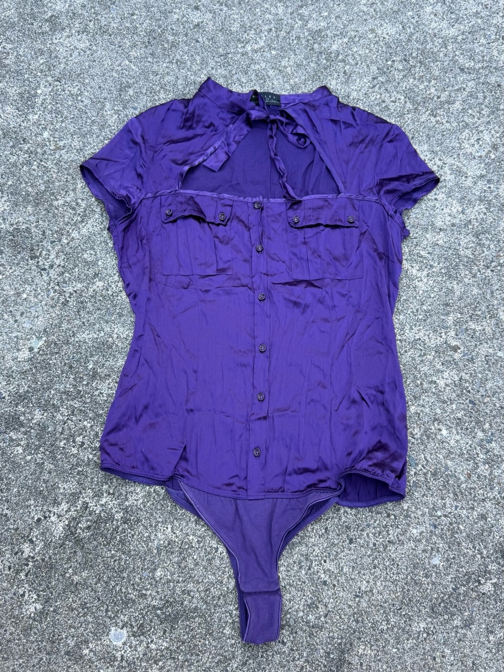 Sisley 97% Silk Purple Tie-Neck Bodysuit Top Y2K Button Front M/L